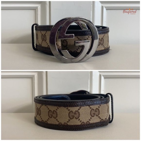 Authentic GUCCI Brown Monogram Canvas Silver Interlocking G Buckle Belt 90/36 - Picture 3 of 14